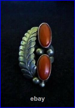 Vintage Old Pawn Navajo Sterling Silver & Coral 2 Stone Southwest Ring Sz 7.75