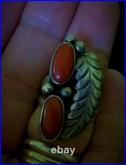 Vintage Old Pawn Navajo Sterling Silver & Coral 2 Stone Southwest Ring Sz 7.75