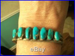 Vintage Old Pawn Navajo Unsigned Seven 7 Kingman Turquoise Stone Cuff Bracelet