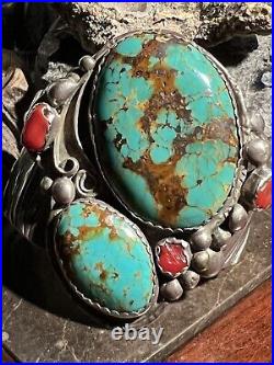 Vintage Pilot Mountain And Blood Coral Sterling Cuff By Navajo Kenneth Etsitty