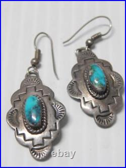 Vintage Pre-harvey Navajo Indian Sterling Silver + Turquoise Stamped Earrings