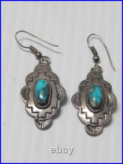 Vintage Pre-harvey Navajo Indian Sterling Silver + Turquoise Stamped Earrings
