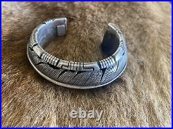 Vintage Rare Heavy Navajo Sterling Silver Feather Bracelet Handmade Signed