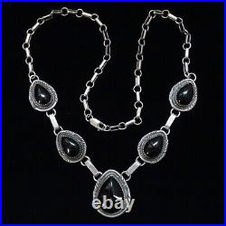 Vintage Signed RB Richard Begay Navajo Onyx Sterling Link Necklace Handmade 19in