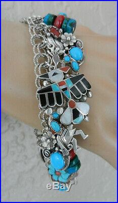 Vintage Sterling Charm Bracelet Southwest Turquoise Coral Zuni Navajo 19 Charms