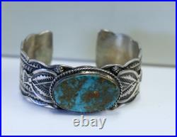 Vintage Sterling Cuff Turquoise Bracelet Etched Sides Signed D. Cadman 73.44 Gr