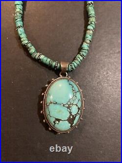 Vintage Sterling Silver Heishi Turquoise Pendant Necklace