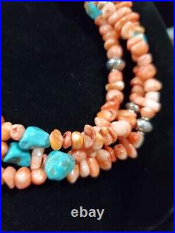 Vintage Sterling Silver NAVAJO PEARLS 22 APPLE CORAL & TURQUOISE Heavy NECKLACE
