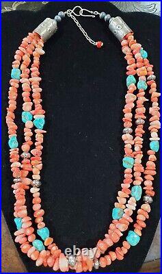 Vintage Sterling Silver NAVAJO PEARLS 22 APPLE CORAL & TURQUOISE Heavy NECKLACE