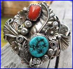 Vintage Sterling Silver Native American Turquoise Red Coral Cuff Bracelet 36.5 G