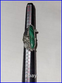 Vintage Sterling Silver Navajo Elongated Green Malachite Ring. 10 ounces SIZE 5