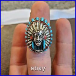 Vintage Sterling Silver Navajo Indian Turquoise Coral Pearl Chief Head Ring 9.25