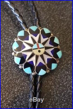 Vintage Sterling Silver Navajo Turquoise MOP Onyx Coral Stering Tips Bolo Tie