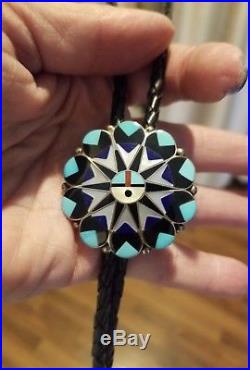 Vintage Sterling Silver Navajo Turquoise MOP Onyx Coral Stering Tips Bolo Tie