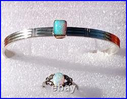 Vintage Sterling Silver Opal 6 Cuff Bracelet + Sterling Silver Opal Ring