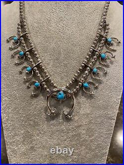Vintage Sterling Silver Turquoise Squash Blossom Necklace