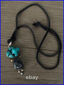 Vintage Sterling Silver with Turquoise Nugget Pendant on Leather Necklace