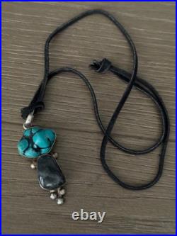 Vintage Sterling Silver with Turquoise Nugget Pendant on Leather Necklace