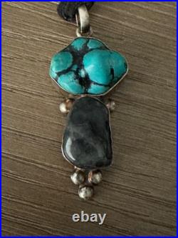 Vintage Sterling Silver with Turquoise Nugget Pendant on Leather Necklace