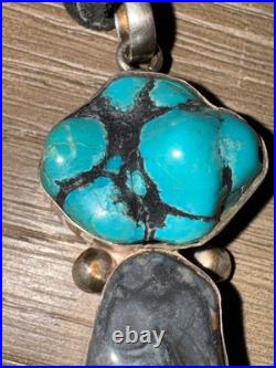 Vintage Sterling Silver with Turquoise Nugget Pendant on Leather Necklace