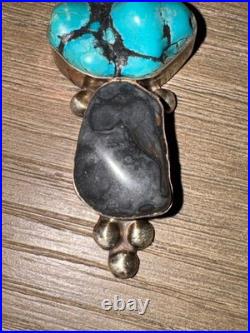 Vintage Sterling Silver with Turquoise Nugget Pendant on Leather Necklace