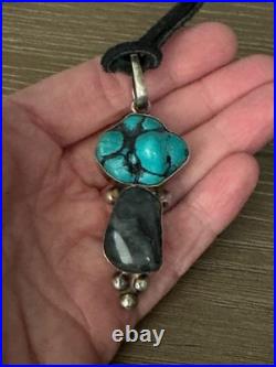 Vintage Sterling Silver with Turquoise Nugget Pendant on Leather Necklace