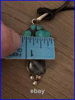 Vintage Sterling Silver with Turquoise Nugget Pendant on Leather Necklace