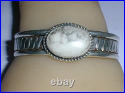 Vintage T Benally Sterling Silver White Turquoise Textured Cuff Bracelet