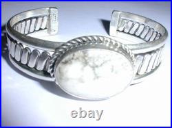Vintage T Benally Sterling Silver White Turquoise Textured Cuff Bracelet