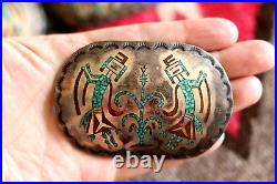 Vintage TURQUOISE CORAL CONCHO BELT sterling silver signed Navajo buckle Yei