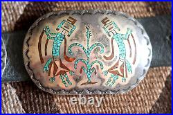 Vintage TURQUOISE CORAL CONCHO BELT sterling silver signed Navajo buckle Yei