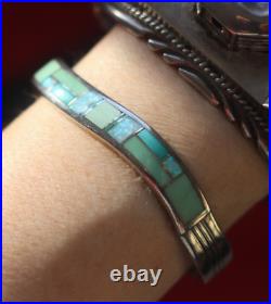 Vintage TURQUOISE + OPAL INLAY sterling silver wavy NAVAJO CUFF BRACELET signed