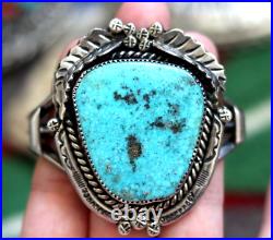 Vintage TURQUOISE + STERLING SILVER cuff bracelet signed JF old pawn Navajo Zuni