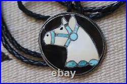 Vintage TURQUOISE multi-stone sterling silver HORSE INLAY bolo Zuni Navajo