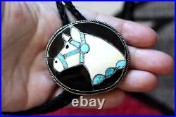 Vintage TURQUOISE multi-stone sterling silver HORSE INLAY bolo Zuni Navajo
