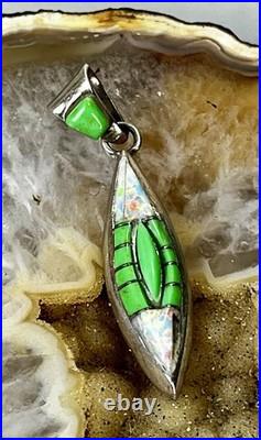 Vintage Teddy Goodluck Navajo Sterling Silver Gaspeite & Opal Inlay Pendant TG