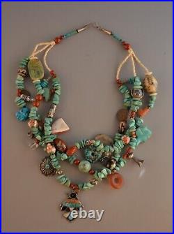 Vintage Turquoise Charm Necklace Zuni fetishes & Inlay, Navajo Silver 23.5
