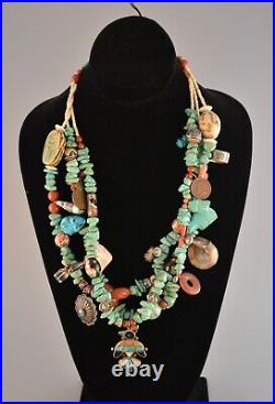 Vintage Turquoise Charm Necklace Zuni fetishes & Inlay, Navajo Silver 23.5