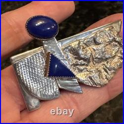 Vntg Navajo Sterling Silver Blue Lapis Modernint Brooch Pin Signed 1995 BDFA EUC