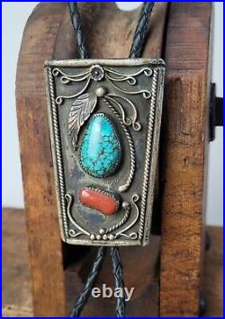 Vtg NAVAJO BENNETT TURQUOISE & CORAL STERLING SILVER BOLO TIE