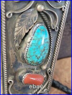 Vtg NAVAJO BENNETT TURQUOISE & CORAL STERLING SILVER BOLO TIE