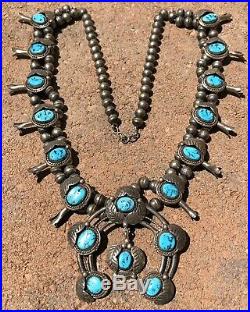 Vtg NAVAJO Sterling Silver Sleeping Beauty Turquoise SQUASH BLOSSOM Necklace 30