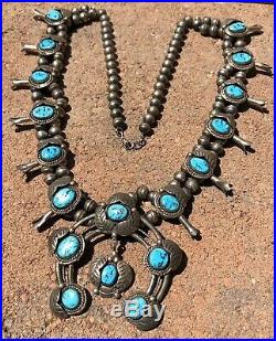 Vtg NAVAJO Sterling Silver Sleeping Beauty Turquoise SQUASH BLOSSOM Necklace 30
