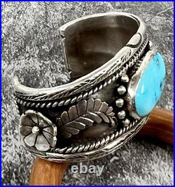 Vtg Navajo Sterling Silver CUFF BRACELET with Turquoise Stone, Flowers Signed