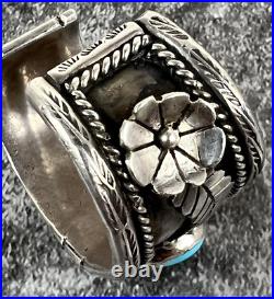 Vtg Navajo Sterling Silver CUFF BRACELET with Turquoise Stone, Flowers Signed