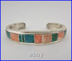 Vtg Navajo Sterling Silver Chrysocolla & Angel Skin Coral Flush Cuff Bracelet