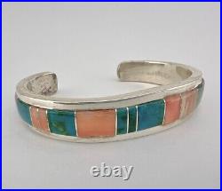 Vtg Navajo Sterling Silver Chrysocolla & Angel Skin Coral Flush Cuff Bracelet