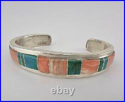 Vtg Navajo Sterling Silver Chrysocolla & Angel Skin Coral Flush Cuff Bracelet