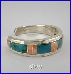 Vtg Navajo Sterling Silver Chrysocolla & Angel Skin Coral Flush Cuff Bracelet