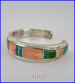 Vtg Navajo Sterling Silver Chrysocolla & Angel Skin Coral Flush Cuff Bracelet